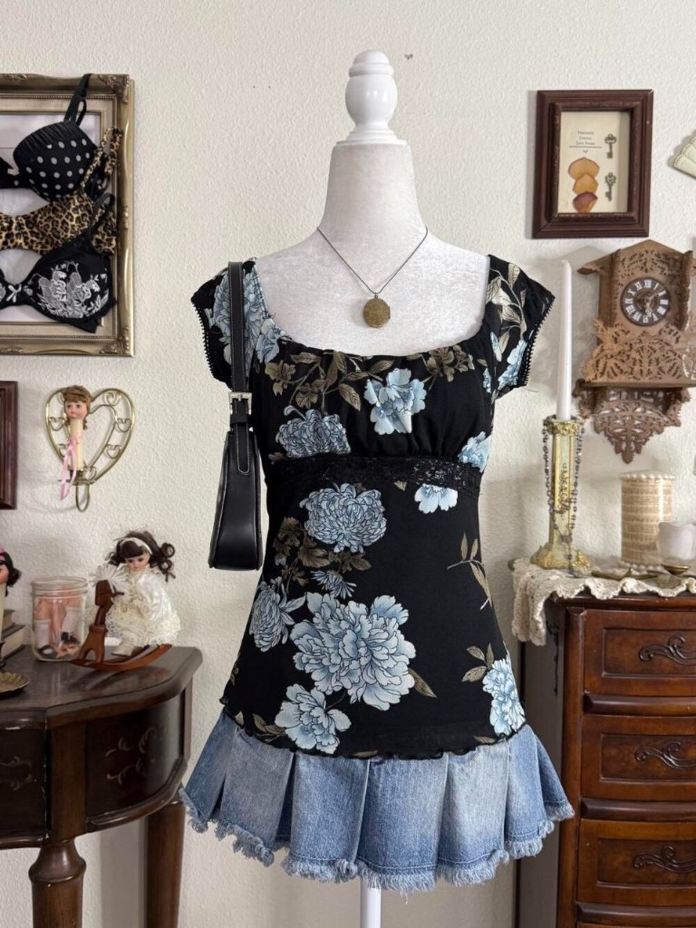 Y2k dark fairy grunge whimsigoth mesh floral milkmaid top w lace trim